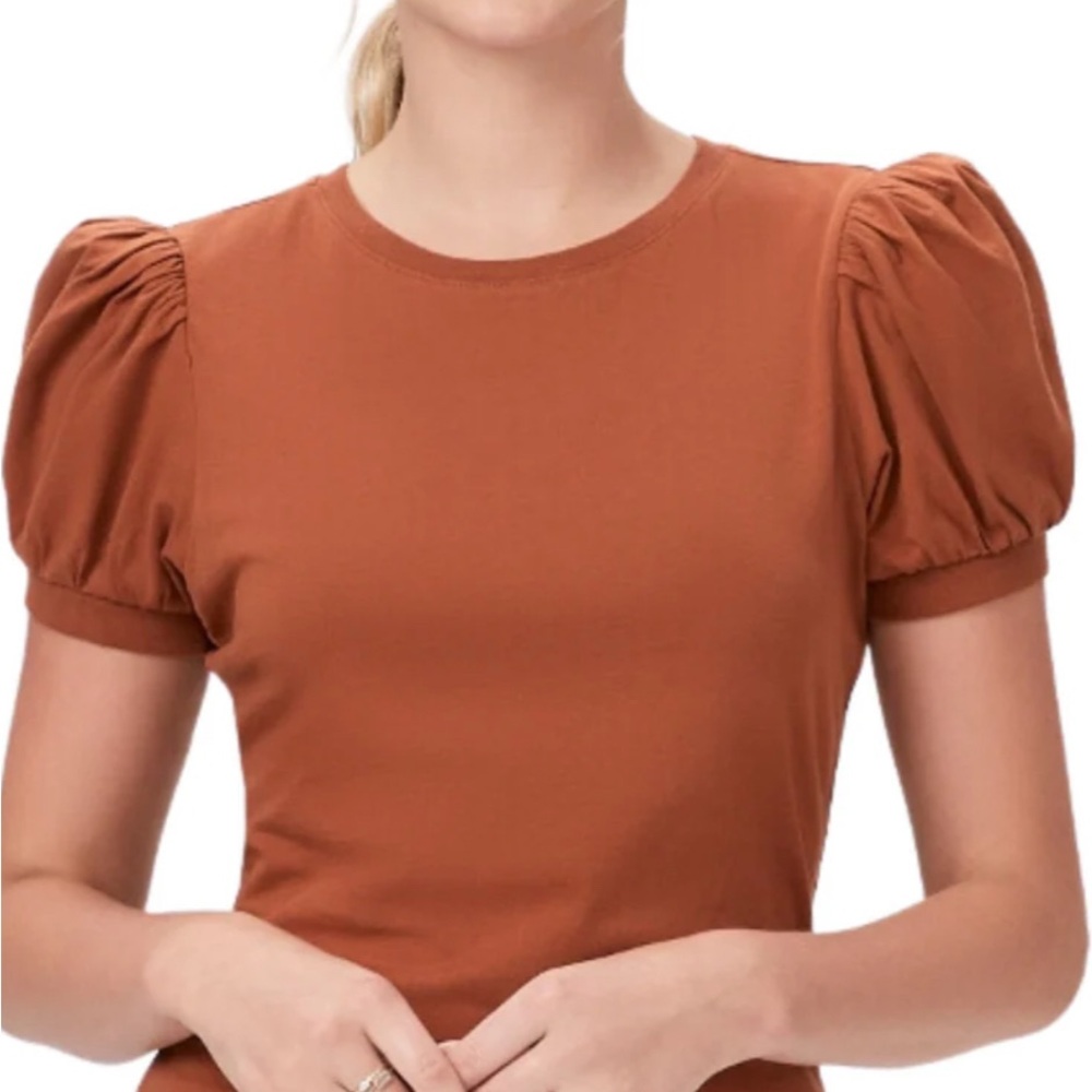 PAIGE MATCHA TEE IN TERRACOTTA - Short Sleeve Puff Top - Warm Brown Sz:XS